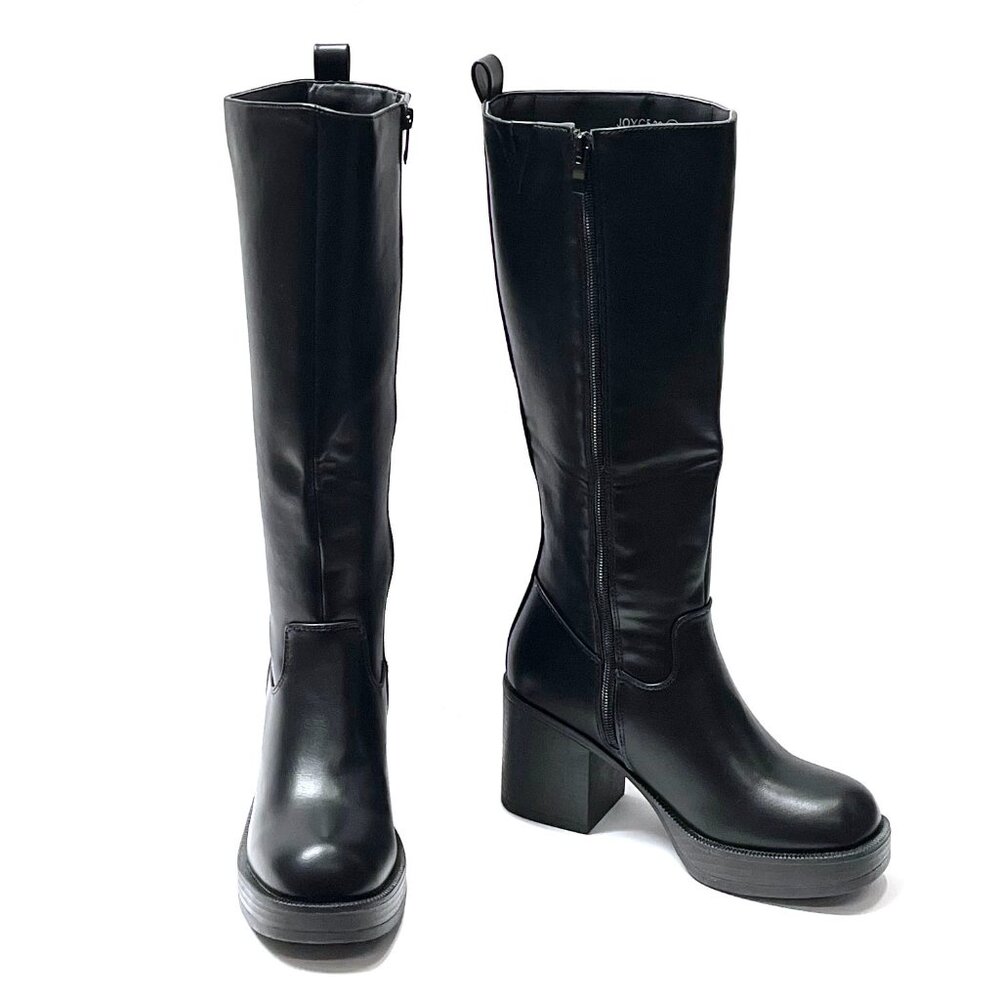 New Women Black Knee High Platform Round Toe Chunky Heel Boots